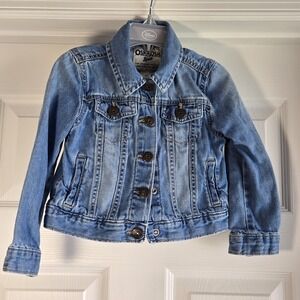 OshKosh B'gosh Denim Jean Jacket Blue‎ Distressed Kids Size 4T Snap Front Unisex